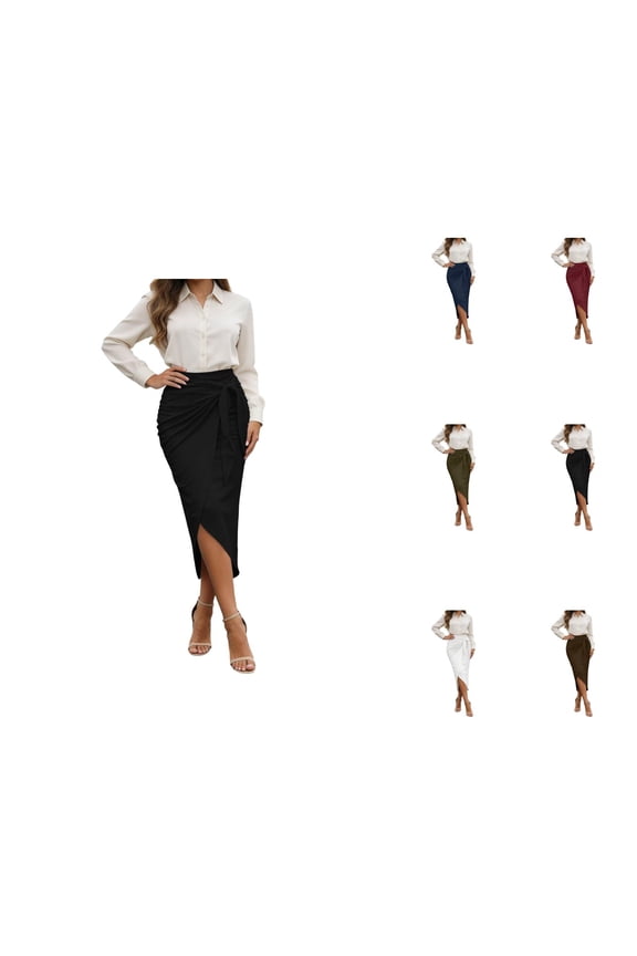 Midi Wrap Skirts for Women Summer High Waisted Tie Front Asymmetrical Slit Bodycon Ruched Pencil Skirt