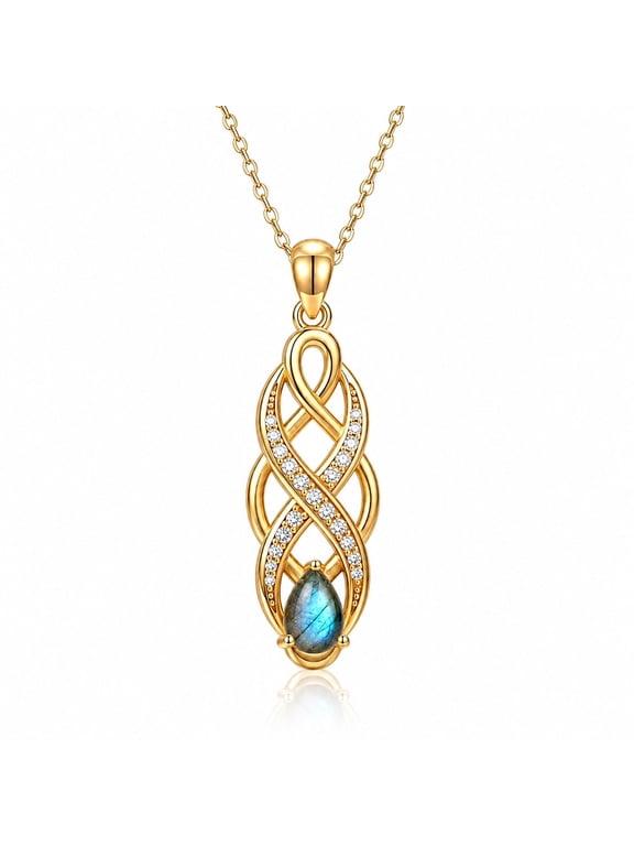 14K Gold Plated Labradorite Necklace for Women Elegant Infinity Knot Pendant Modern Teardrop Magic Stone Jewelry for Lover Spiritual Transformation Amulet