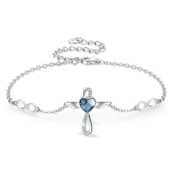 Midir&Etain Angel Wings Cross Bracelet Anklet for Women 925 Sterling Silver Adjustable Blue Crystal Angel Wings Bracelet Anklet Infinity Heart Pendant Jewelry Gifts