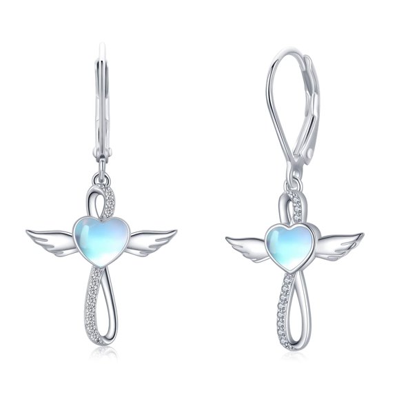 Midir&Etain Angel Wings Cross Dangle Earrings for Women 925 Sterling Silver Infinity Heart Moonstone Leverback Hoop Hypoallergenic Earrings Birthday Jewelry Mothers Day Gifts for Mom