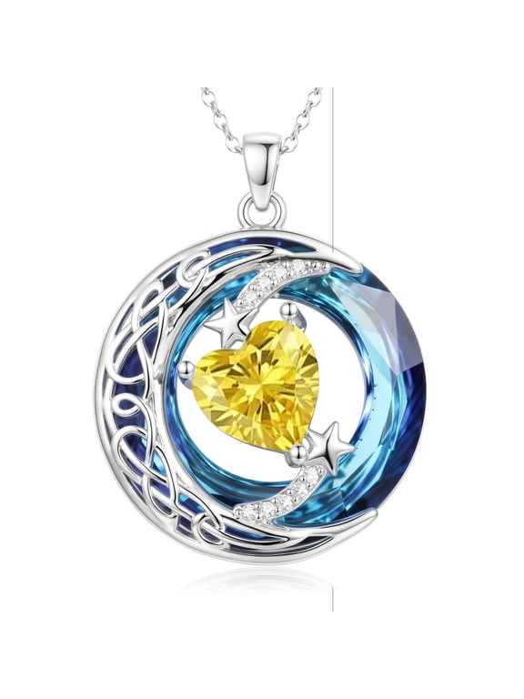 Midir&Etain Birthstone Necklace for Women Crystal Moon and Star Pendant White Gold Celtic Moon Jewelry Birthday Graduation Gifts for Wife Her