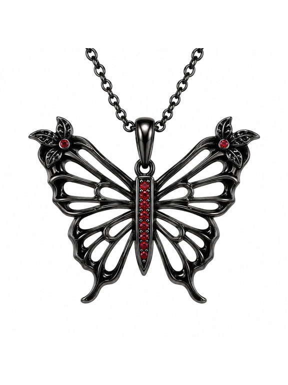 Butterfly Necklaces, Gothic Jewelry Skeleton Butterfly Pendant with Red Zircon, Trendy Gift for Her
