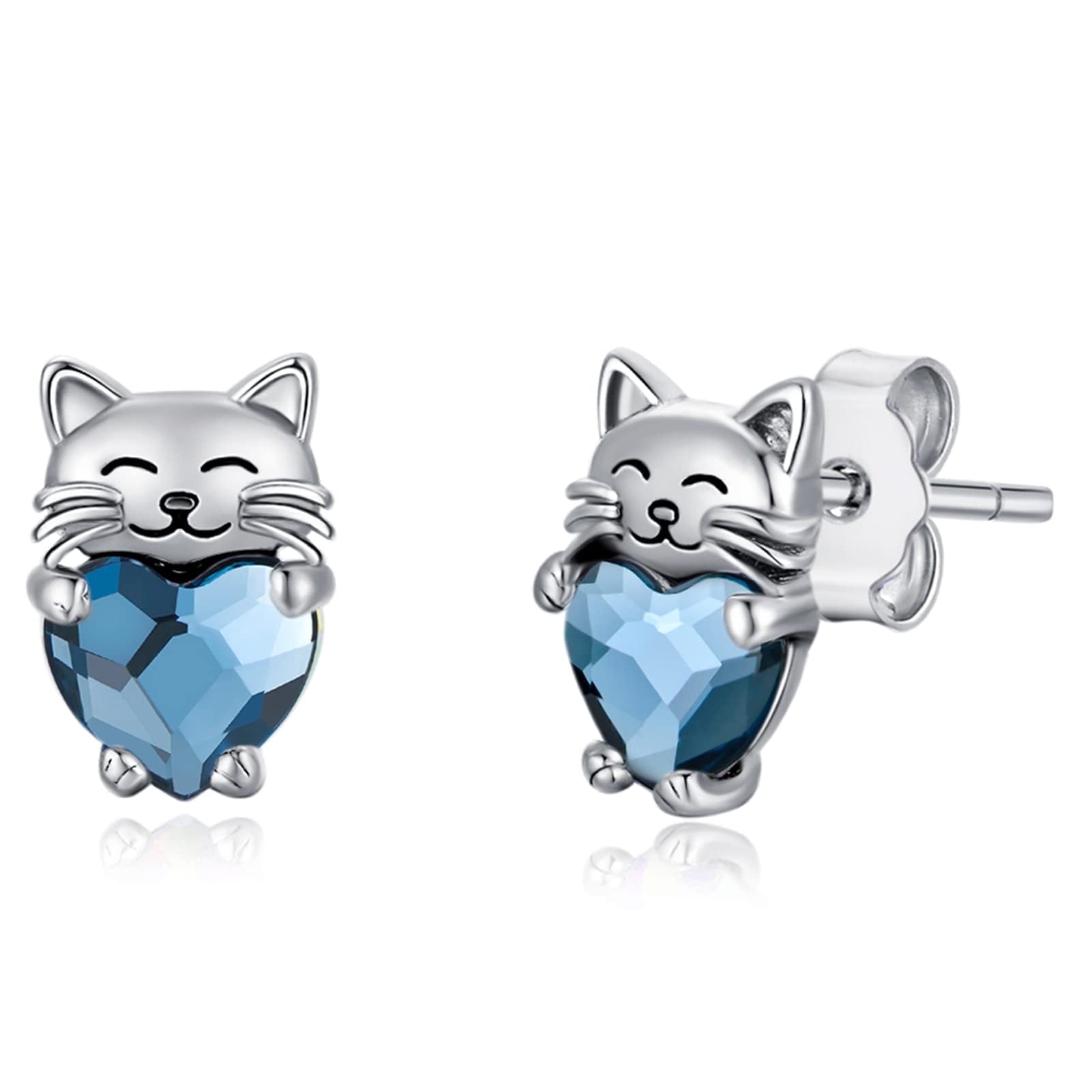 Midir&Etain Cat Love Earrings 925 Sterling Silver Cat Earrings Cute Animal Little Cat Earrings Cat Jewelry Gifts Women's Allergic Earrings Suitable for Sensitive Ears（Blue）