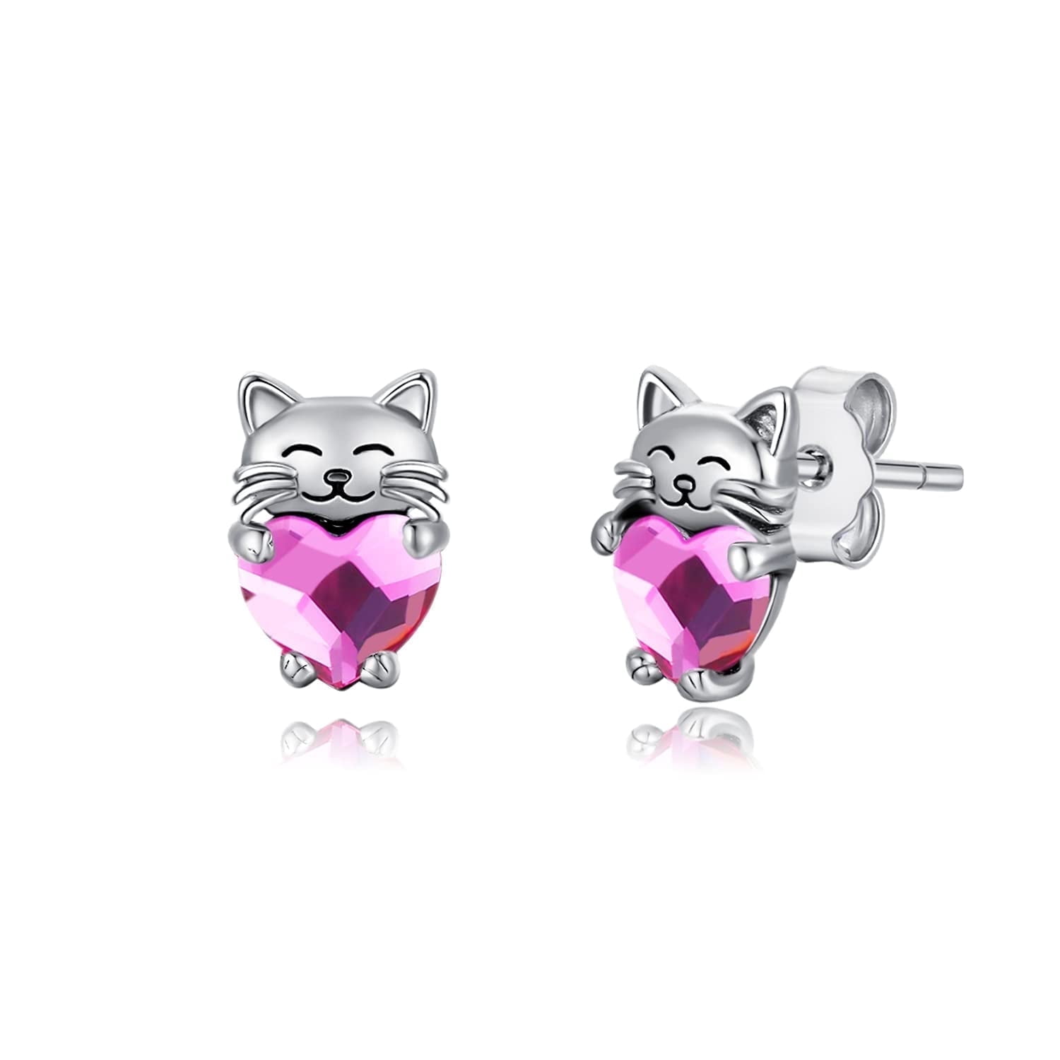 Midir&Etain Cat Love Earrings 925 Sterling Silver Cat Earrings Cute Animal Little Cat Earrings Cat Jewelry Gifts Women's Allergic Earrings Suitable for Sensitive Ears（Pink）