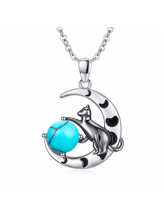 Cat Necklace, Crescent Moon Pendant with Turquoise, White Gold Plated Jewelry Gift for Women