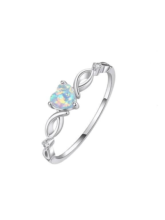 Created Love Cut White Opal Rings 18K White Gold Plated Over Silver Christmas Birthday Valentine'S Day Gift For Her/Wife/Mom(Size 7)