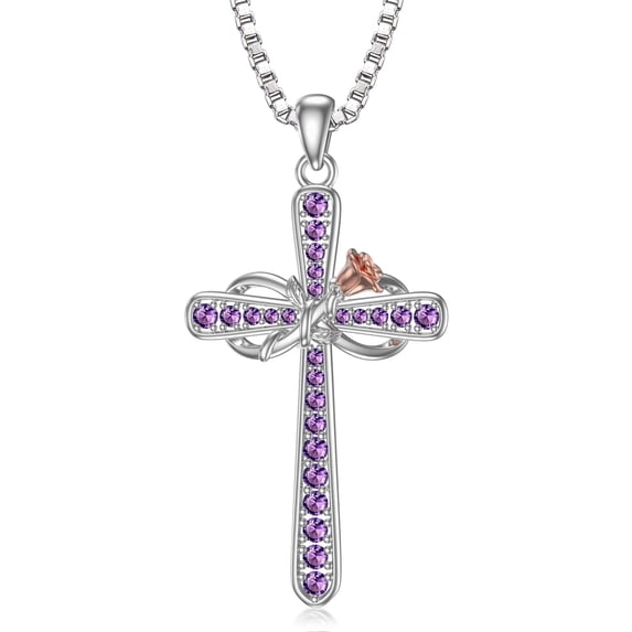 Midir&Etain Cross Necklace for Women Sterling Silver Birthstone Pendant Necklace Rose Flower Infinity Cross Necklace Christian Religious Jewelry Birthday Gifts for Women