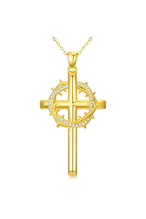 Crown of Thorns Cross Necklace 14K Gold Plated Religious Christian Pendant with Sparkling Cubic Zirconia Crucifix Jewelry Easter Basket Stuffers Gifts for Women Wife Girlfriend Her