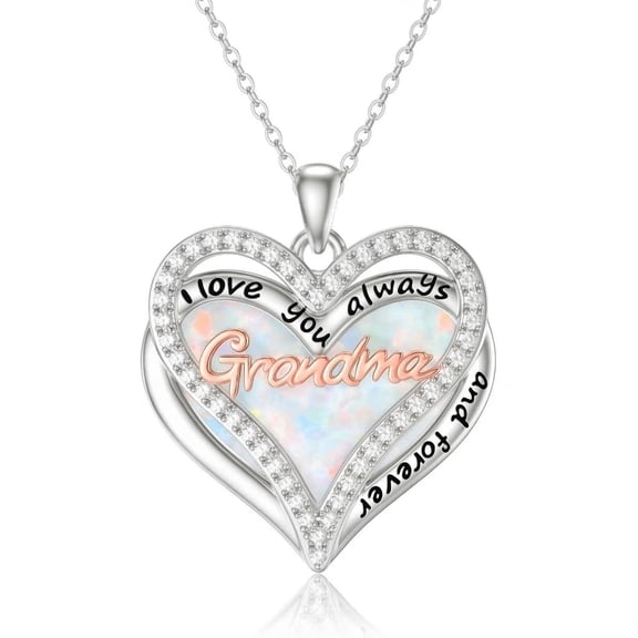 Midir&Etain Grandma Necklace 14K White Gold Plated Opal Heart Pendant Necklaces Grandma Jewelry Gifts for Women Birthday Mothers Day