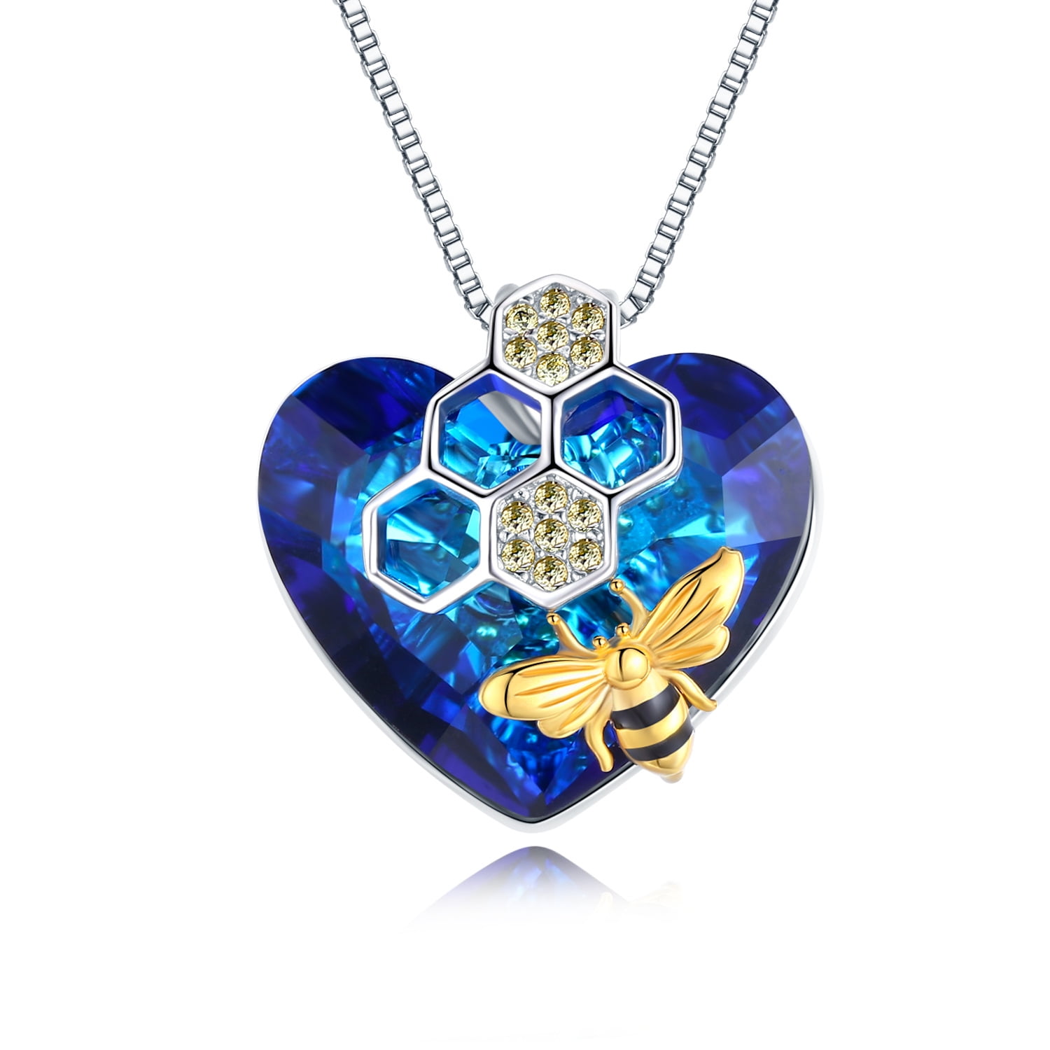 Midir&Etain Heart Crystal Bee Necklace 18K White Gold Honeycomb Bumblebee  Pendant 925 Sterling Silver 18