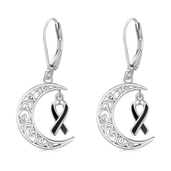 Midir&Etain Melanoma Cancer Awareness Earrings 925 Sterling Silver Melanoma Cancer Black Ribbon Moon Dangle Leverback Earrings for Women Survivor Jewelry Inspiration Gifts for Women