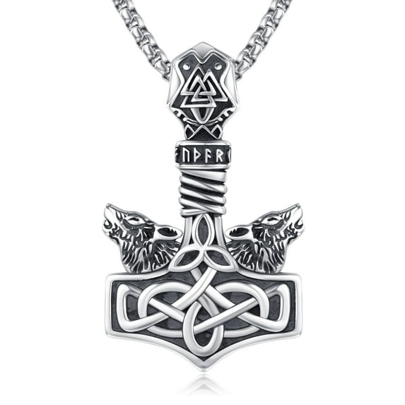 Midir&Etain Mjolnir Necklace 925 Sterling Silver Thors Hammer Wolf Head Viking Rune Valknut Celtic Knot Amulet Pendant Necklace Viking Jewelry Gifts for Women Men