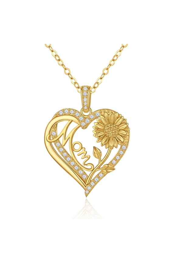 Mom Necklace 14K Gold Plated Sunflower Necklaces for Women Heart Pendant Necklaces Birthday Mothers Day Jewelry Gifts for Mom Mum Wife