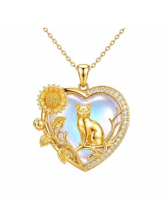 Moonstone Heart Necklace - Cat, Gothic Jewelry Sunflower Pendant for Wife Mother Anniversary Birthday Valentine Day Gift for Her