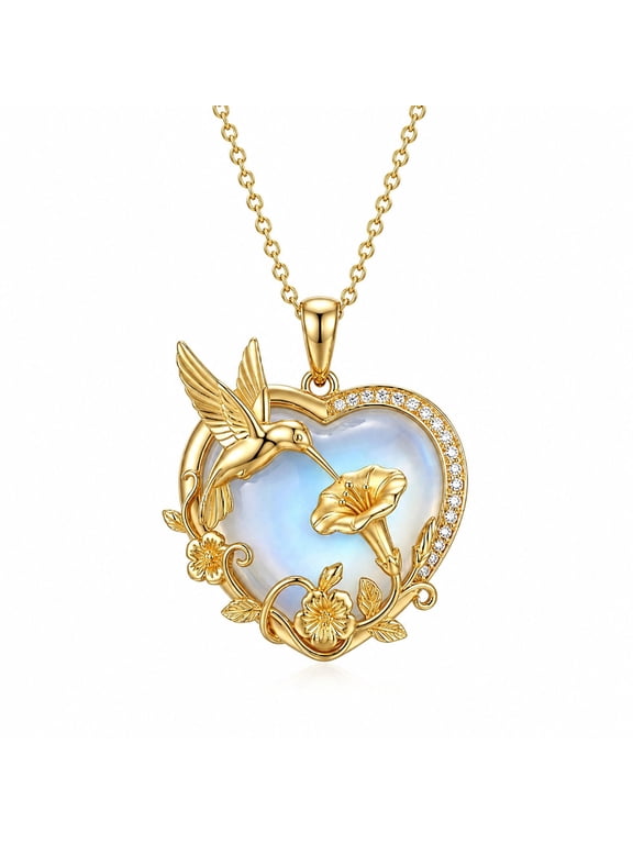 Moonstone Heart Necklace - Hummingbird, Gothic Jewelry Floral Pendant for Wife Mother Anniversary Birthday Valentine Day Gift for Her