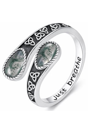 Moss Agate Ring for Men Women Adjustable Celtic Trinity Knot Spoon Rings Teardrop Agate White Gold Plated Thumb Rings Gift for Her