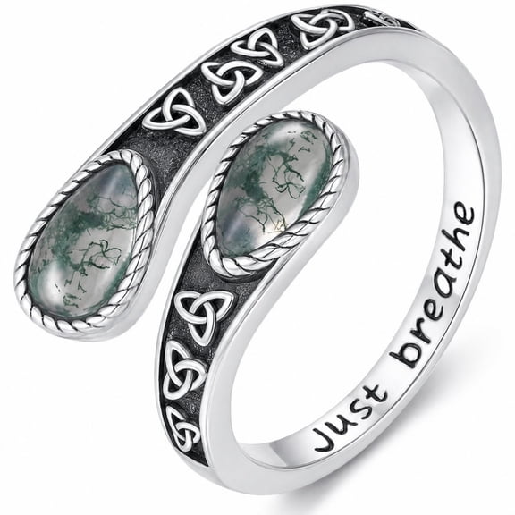 Midir&Etain Moss Agate Ring for Men Women Adjustable Celtic Trinity Knot Spoon Rings Teardrop Agate White Gold Plated Thumb Rings Gift for Her