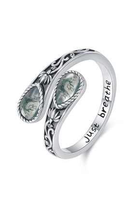 Moss Agate Ring for Men Women Adjustable Lotus Spoon Rings Teardrop Agate White Gold Plated Thumb Rings Gift for Her