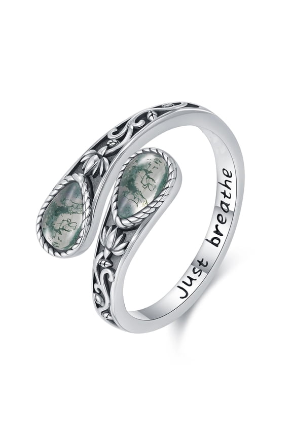Moss Agate Ring for Men Women Adjustable Lotus Spoon Rings Teardrop Agate White Gold Plated Thumb Rings Gift for Her