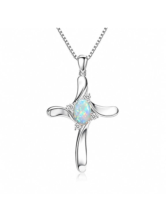 Opal Cross Necklace for Women, White Gold Plated Dainty Religious Pendant Necklace with 18"+2" Chain