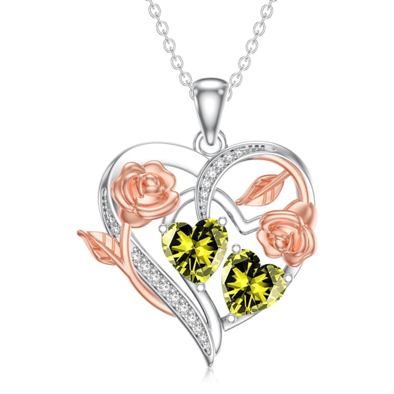 Midir&Etain Rose Heart Necklace Gifts for Women 18K White Gold Plated Double August Yellow Peridots Birthstone Necklace Pendant Birthday Anniversary Christmas Jewelry Gift for Wife Her Mom