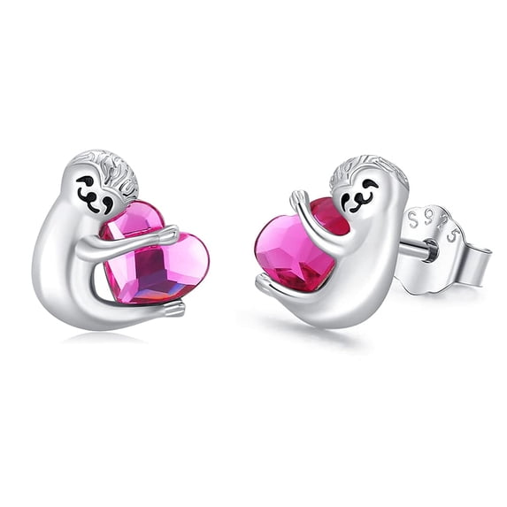 Midir&Etain Sloth Earrings 925 Sterling Silver Sloth Stud Earrings Animal Heart Crystal Jewelry Gifts for Women