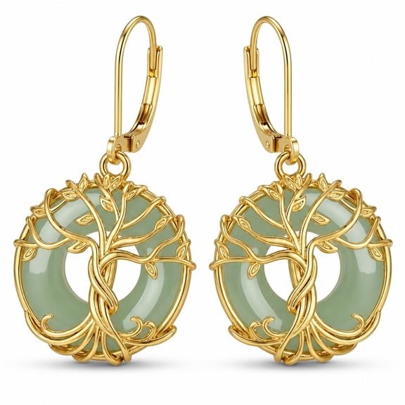 Midir&Etain Tree of Life Jade Earrings 18K Gold Plated Peace Circle Dangle Earrings Leverback for Women Mom Gift