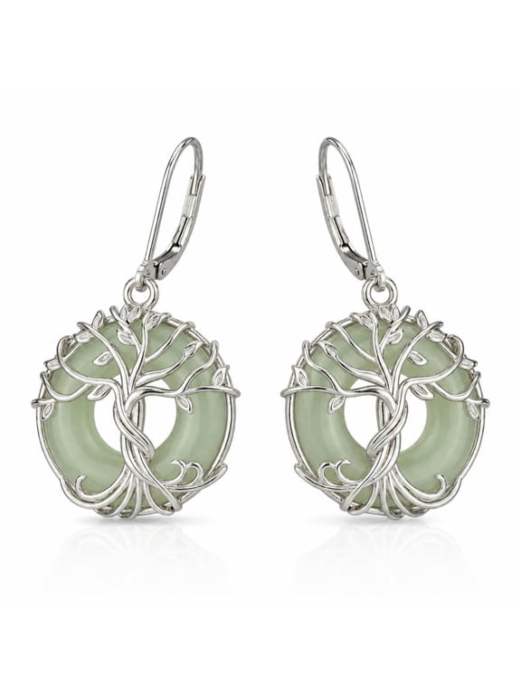 Tree of Life Jade Earrings White Gold Plated Peace Circle Dangle Earrings with Leverback for Women Mom Gift