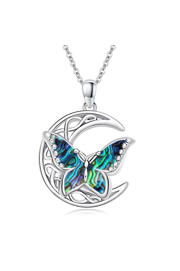 Abalone Butterfly Necklace 925 Sterling Silver Celtic Moon Pendant Necklace Irish Celtic Jewelry Gifts for Women