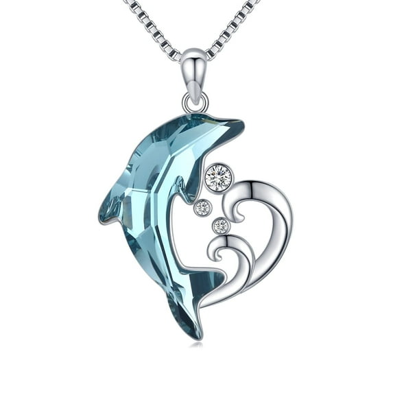 Midir&Etain Women's Dolphin Necklace 925 Sterling Silver Dolphin Crystal Pendant Blue Crystal Ocean Jewelry Gift for Women
