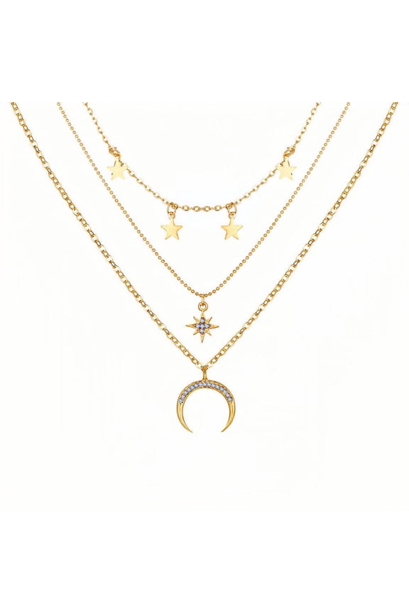 Layered Necklaces Moon Star Choker 18K White Gold Plated White Laboratory Zircon Jewelry Birthday Gift For Women Friends Sister