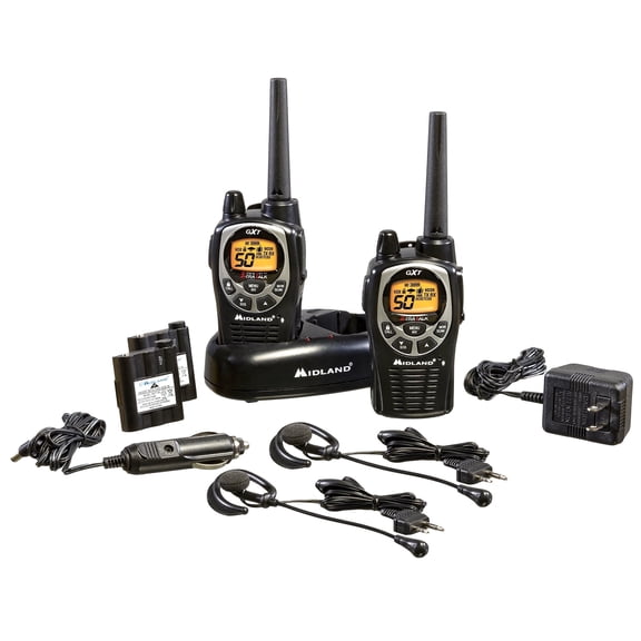 Midland GXT1000VP4 GMRS Two-Way Radio 50 Channels, 36-Mile Range, Waterproof, NOAA Weather Alert, SOS, Rechargeable 2-Pack, Black/Silver