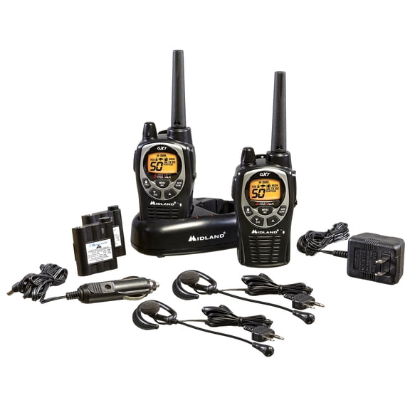 Midland GXT1000VP4 GMRS Two-Way Radio 50 Channels, 36-Mile Range, Waterproof, NOAA Weather Alert, SOS, Rechargeable 2-Pack, Black/Silver