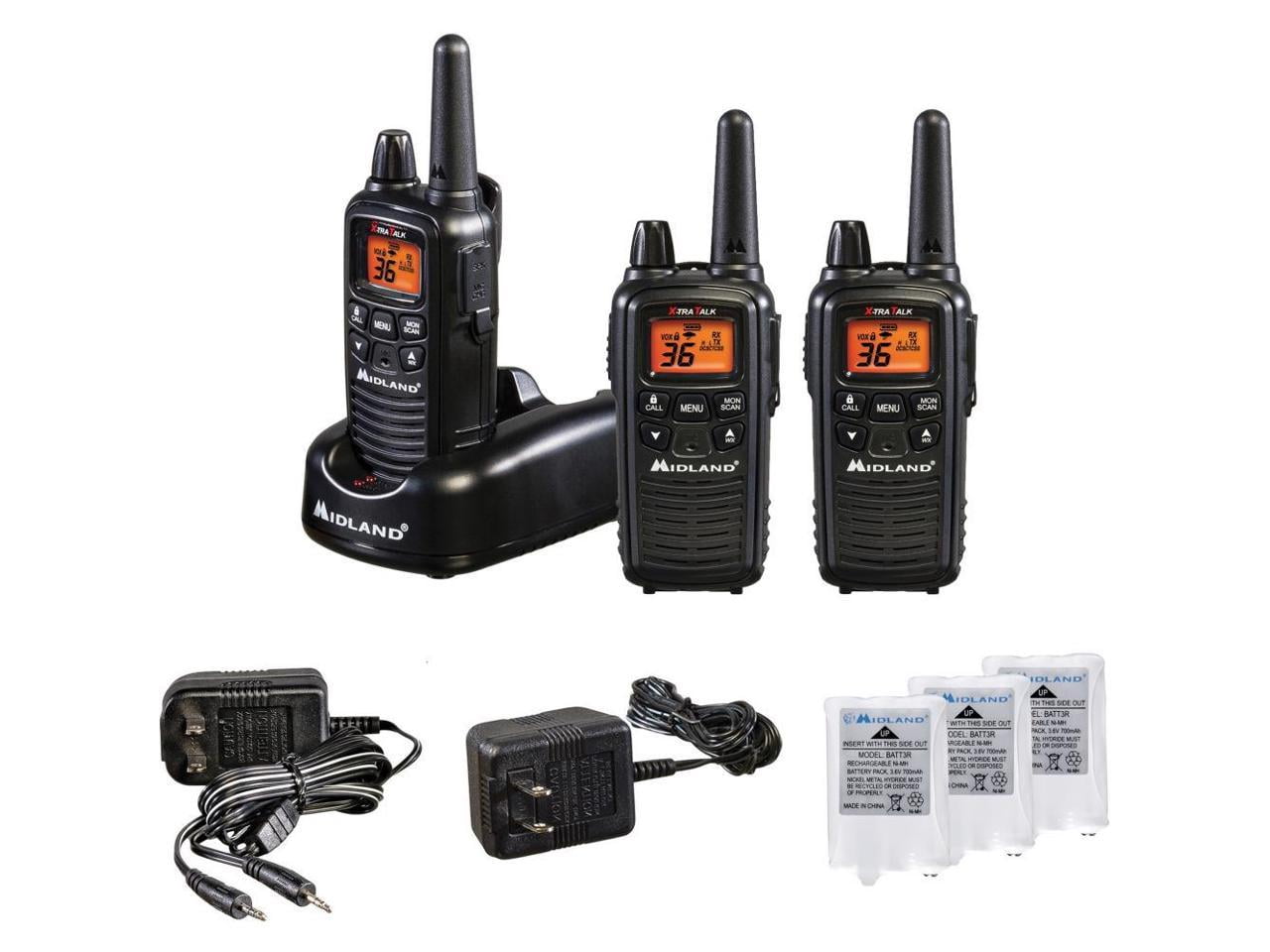 Midland? - LXT633VP3 Walkie Talkies with 36 FRS Channels ? Two-Way Radio NOAA Weather Alert & Scan Technology, Dual Power Options, 121 Privacy Codes, Silent Operation, Xtreme Range ? Black, Set of 3