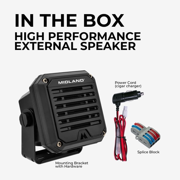 Midland- SPK200 Heavy-Duty 20W Amplified External Speaker - AI Noise Cancelation 180 Degrees Swivel Base Works CB and MXT Radios 8-OHM Sound System 3.5mm Audio Plug - Waterproof Design