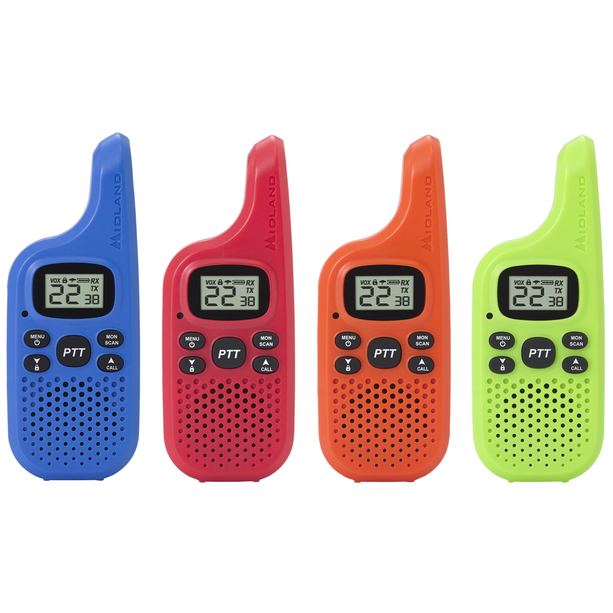 Midland T20X4, 22 Channel FRS Walkie Talkie Up to 16 mile Range Two-Way  Radio, 38 Privacy Codes, (4 Pack) (Multi-Color)