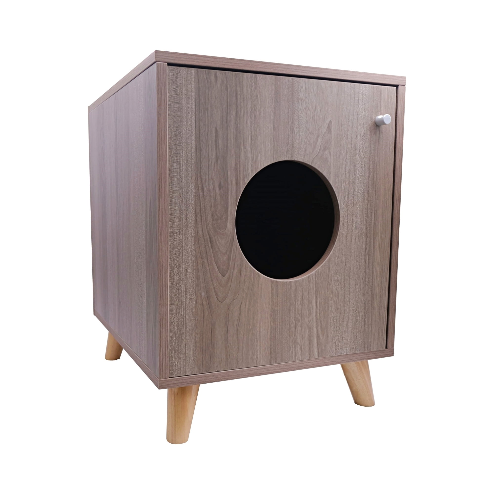 Small Gray Oak Wood Cat Litter Box Enclosure Nightstand