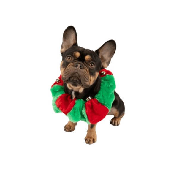 Midlee Red/Green Christmas Plush Bell Collar (Large)-Stretchy Holiday Dog Accessory