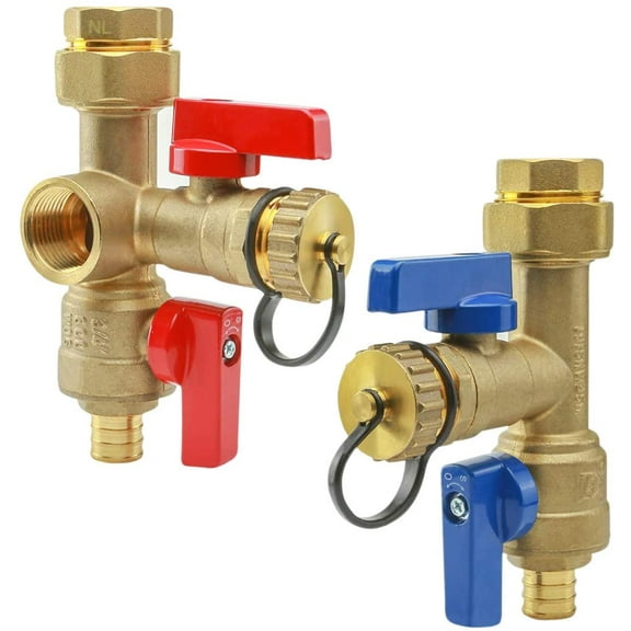 Midline Valve Tankless Water Heater Kit- Set of 2 Heavy Duty Hot and Cold Isolation Valves with Cleanouts, Lead-Free, Full Port, Water Shut-off, Forged Brass, 3/4 in. Pex Connections