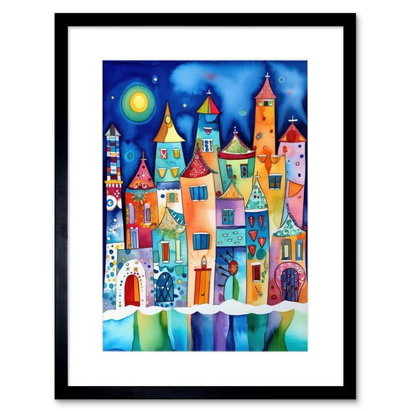 Midnight Abstract Town Folk Art Artwork Framed Print Wall Art 9X7 Inch