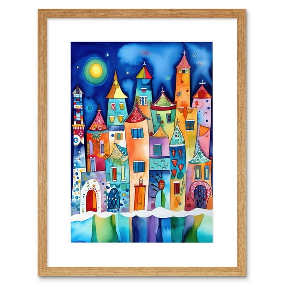 Midnight Abstract Town Folk Art Artwork Framed Print Wall Art 9X7 Inch