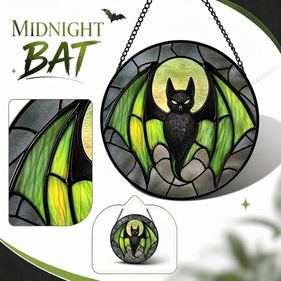Midnight Bat Stained Glass Style Hanging Ornament, Round Translucent Acrylic Suncatcher with Metal Chain, for Window Wall Halloween Scene Gothic Home Party Decoration