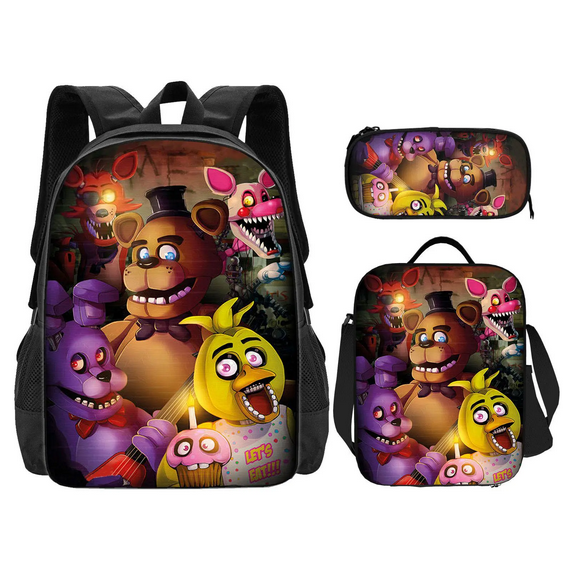 Midnight Bear 3 Set Backpack Cartoon Character Creative Print Bookpack Lightweight Spacious Bagpack Lunch Bag Pencil Case/wallet