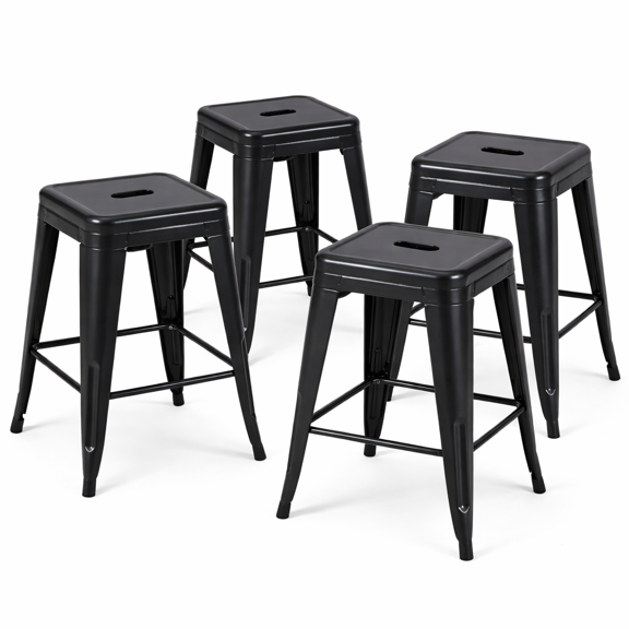 Midnight Black 24 Inch Metal Bar Stools Set of 4, One-Piece Cold-Rolled Steel Counter Height Stools for Kitchen Island, Industrial Stackable Backless Barstools,