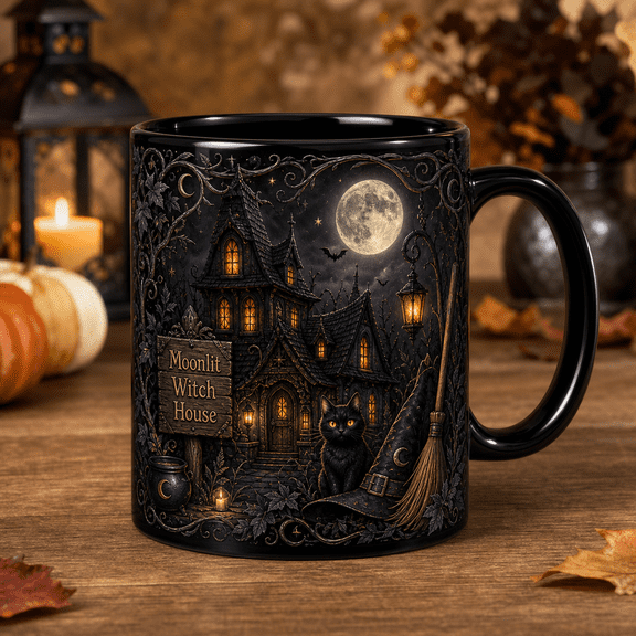 Midnight Black Accent Mug Moonlit Witch House for Gothic Halloween Decor