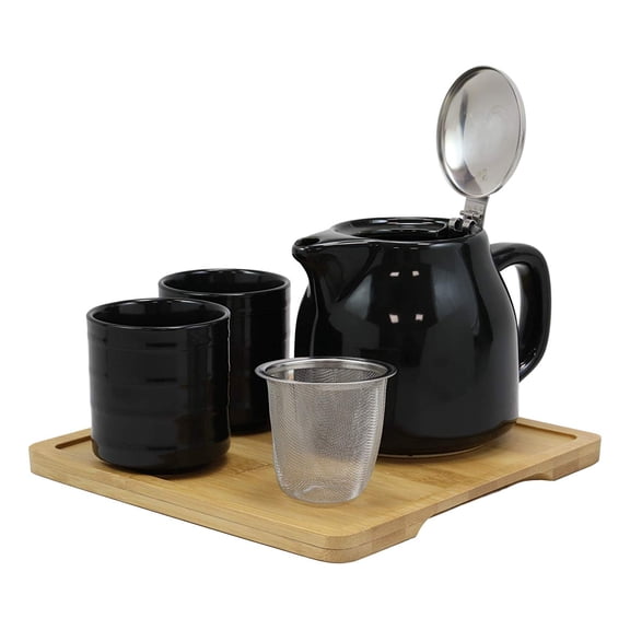 Midnight Black Contemporary Ceramic 20oz Tea Pot With 2 Cups And Bamboo Tray Set