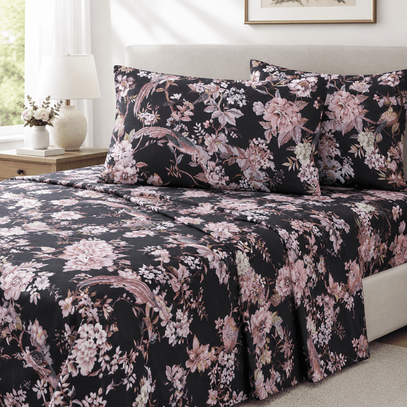 Midnight Black King 4-Piece Floral Print Cotton Bed Sheet Set