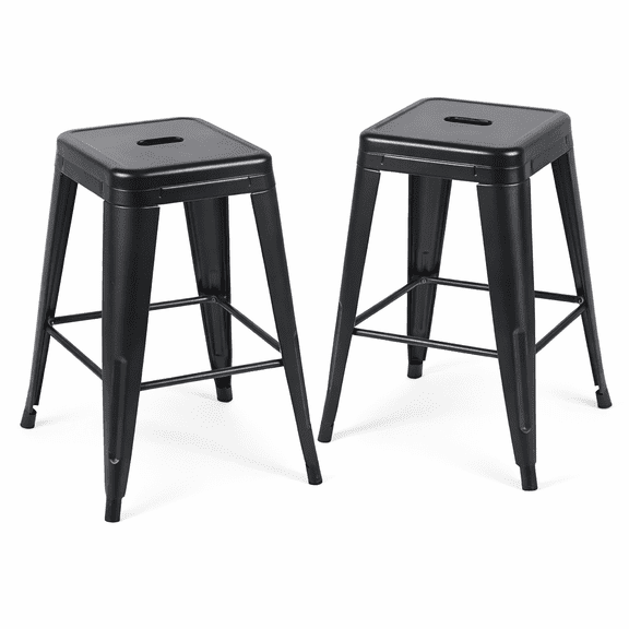 Midnight Black Metal Bar Stools Set of 2, 24 Inch One-Piece Cold-Rolled Steel Counter Stools, Small Space Industrial Barstools, Easy Assembly Kitchen Island Chairs for Apartment & Cafe