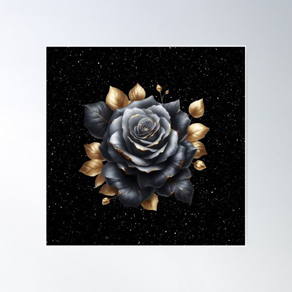 Midnight Black Rose – Elegant Celestial Flower With Gold Trim On Starry Sky Poster Wall Art, Modern Wall Decor, 12x18 UNFRAMED