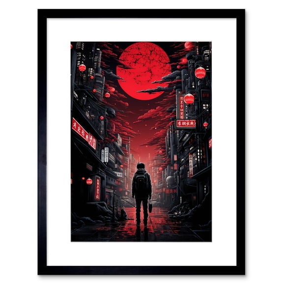 Midnight Blood Moon in Tokyo Conceptual Artwork Gothic Street Japanese Cityscape Artwork Framed Wall Art Print 9X7 Inch